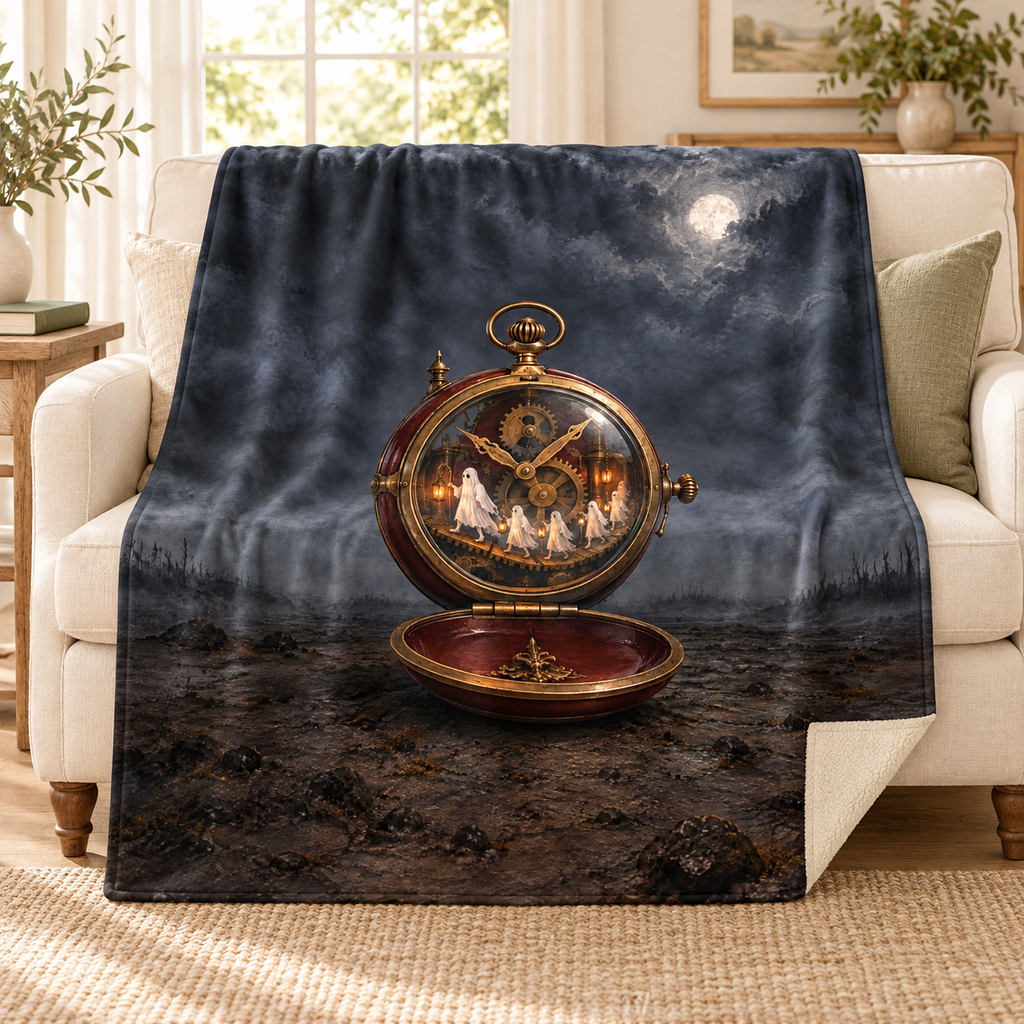 The Midnight Pocket Watch blanket, on a sofa