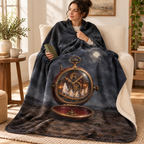 The Midnight Pocket Watch blanket, wrapped around a reader