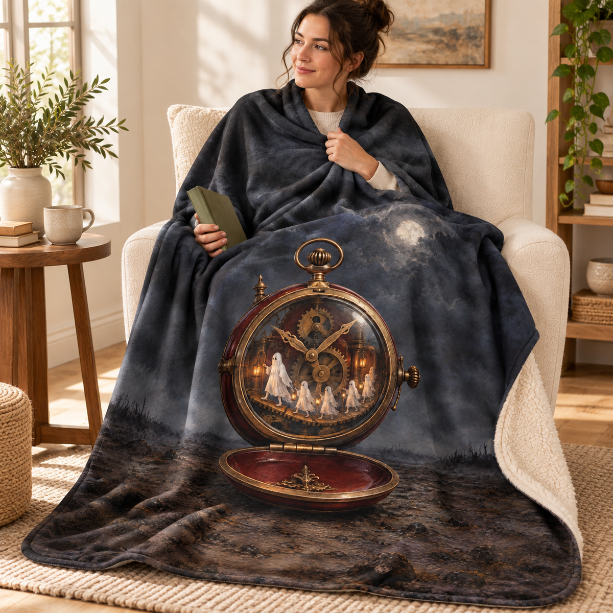 The Midnight Pocket Watch blanket, wrapped around a reader