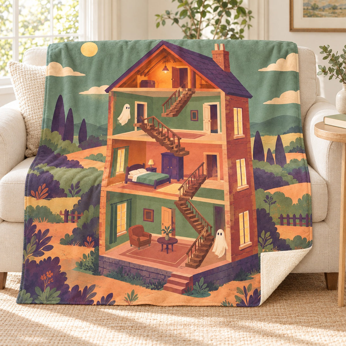 The House of Wandering Stairs blanket, on a sofa