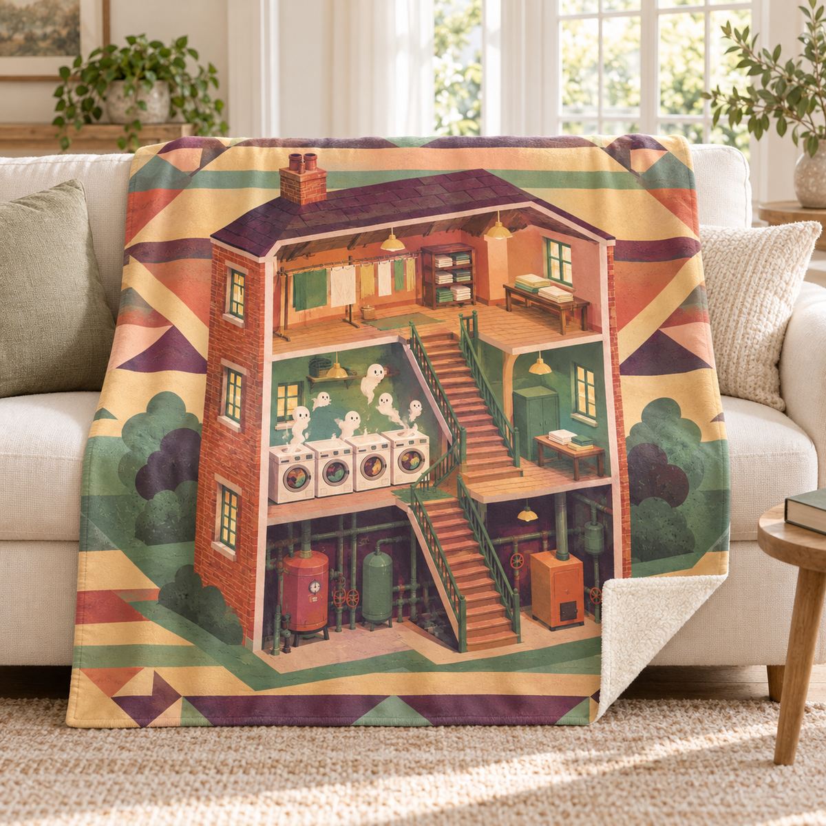 The Haunted Laundry blanket, on a sofa
