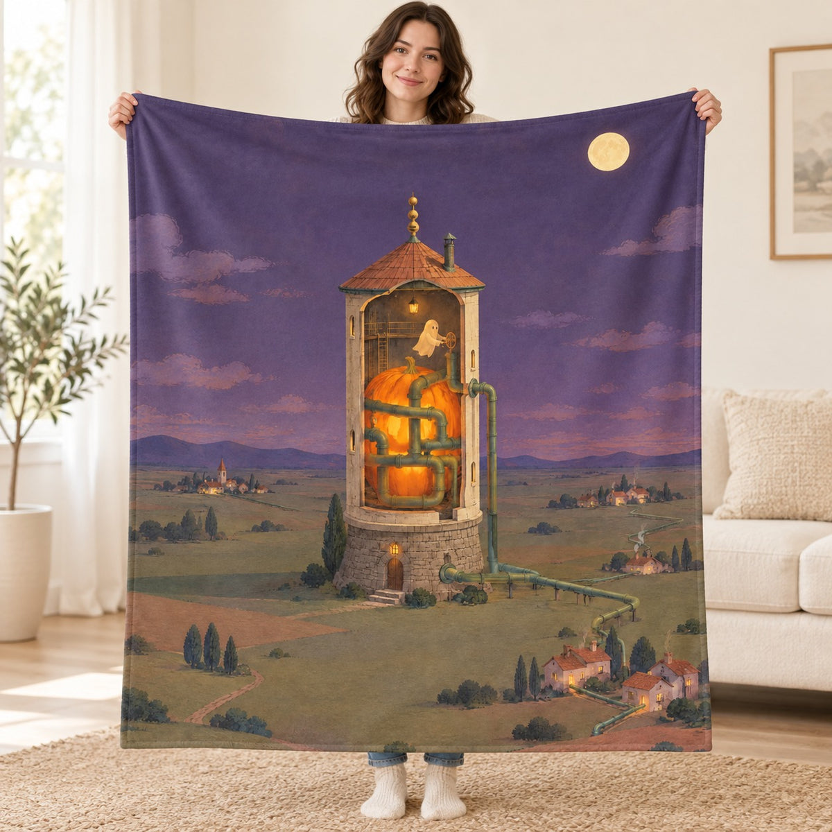 The Pumpkin Waterworks blanket, held open
