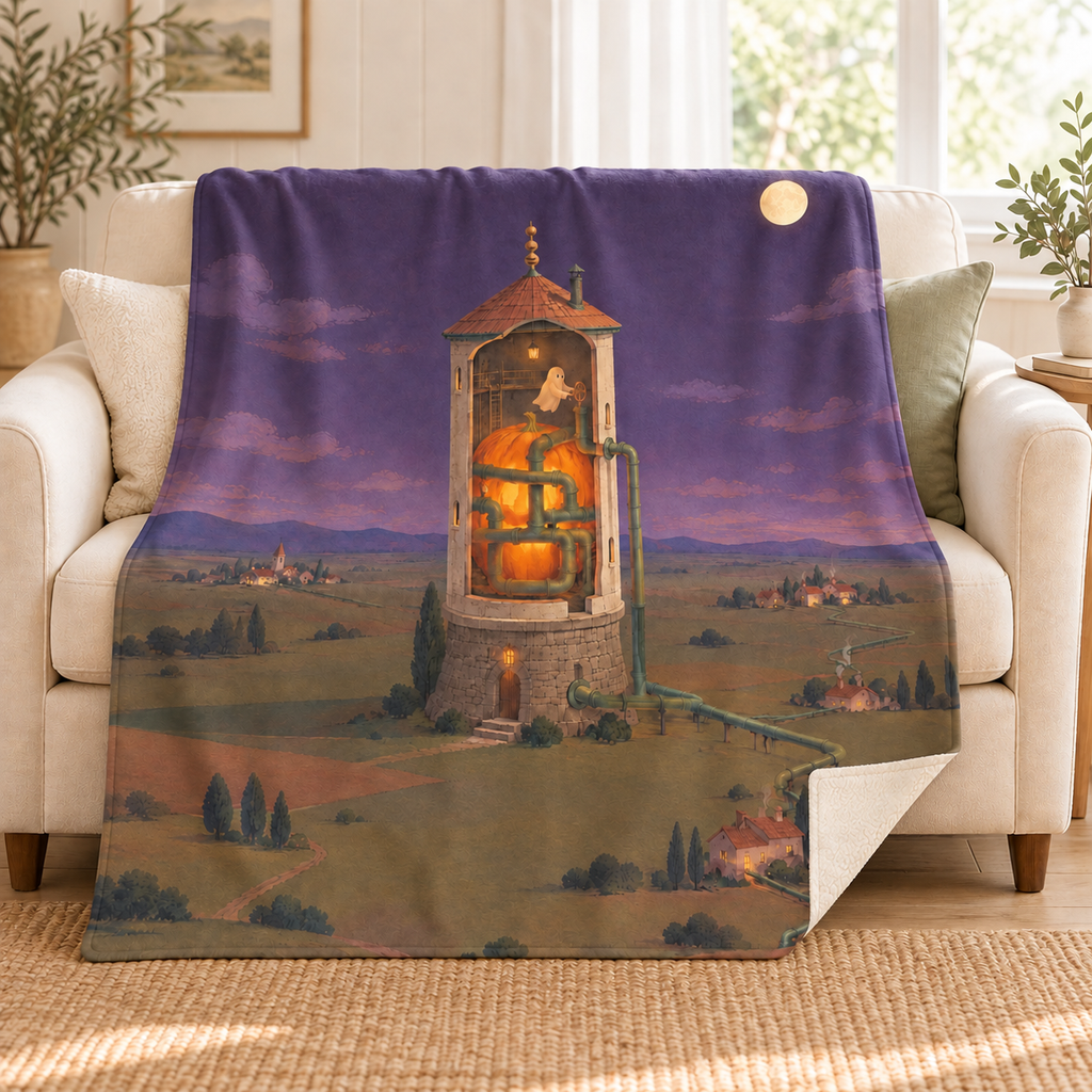 The Pumpkin Waterworks blanket, on a sofa