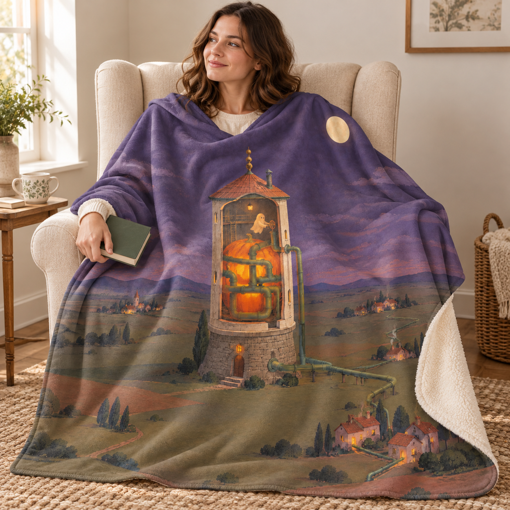 The Pumpkin Waterworks blanket, wrapped around a reader