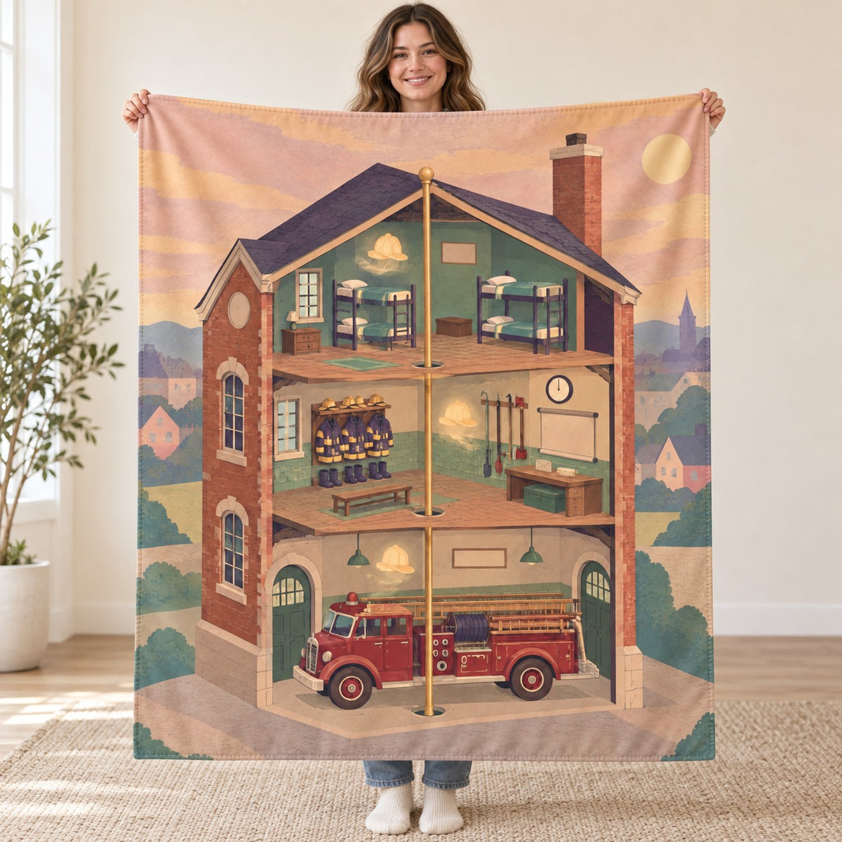 The Invisible Fire Station blanket, held open