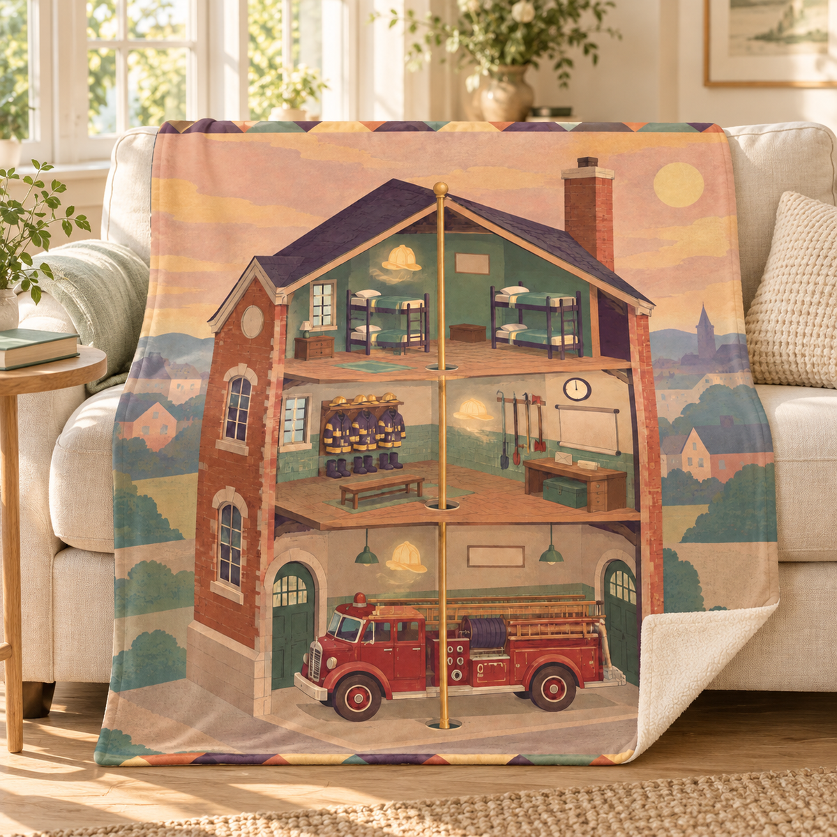 The Invisible Fire Station blanket, on a sofa