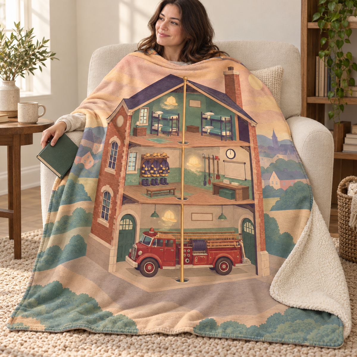 The Invisible Fire Station blanket, wrapped around a reader