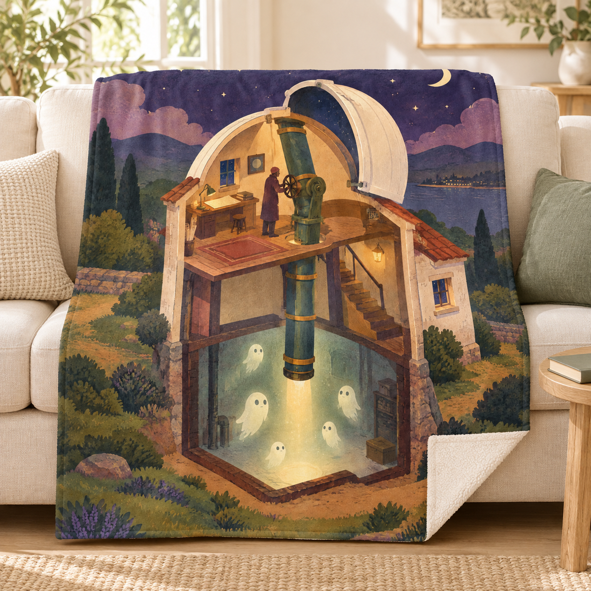 The Moonlight Observatory blanket, on a sofa