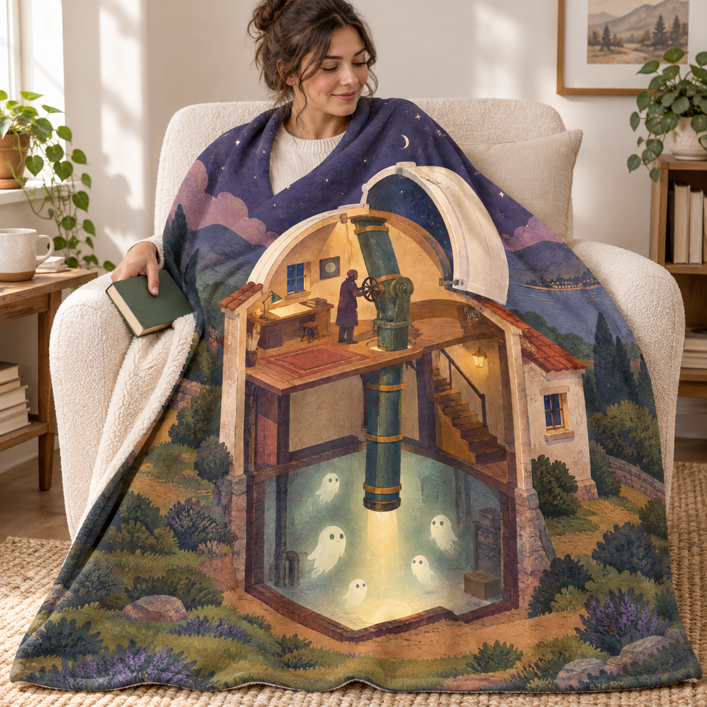 The Moonlight Observatory blanket, wrapped around a reader