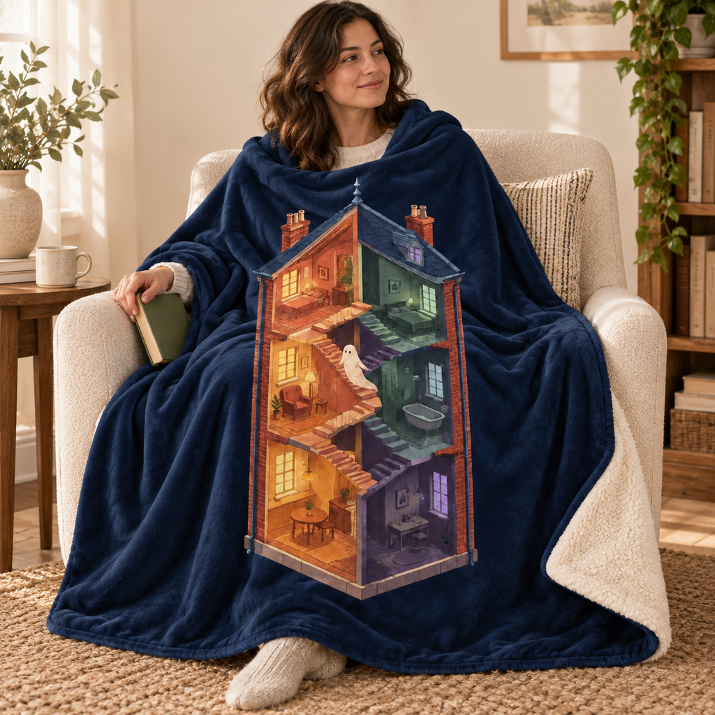 The House with Two Midnights blanket, wrapped around a reader
