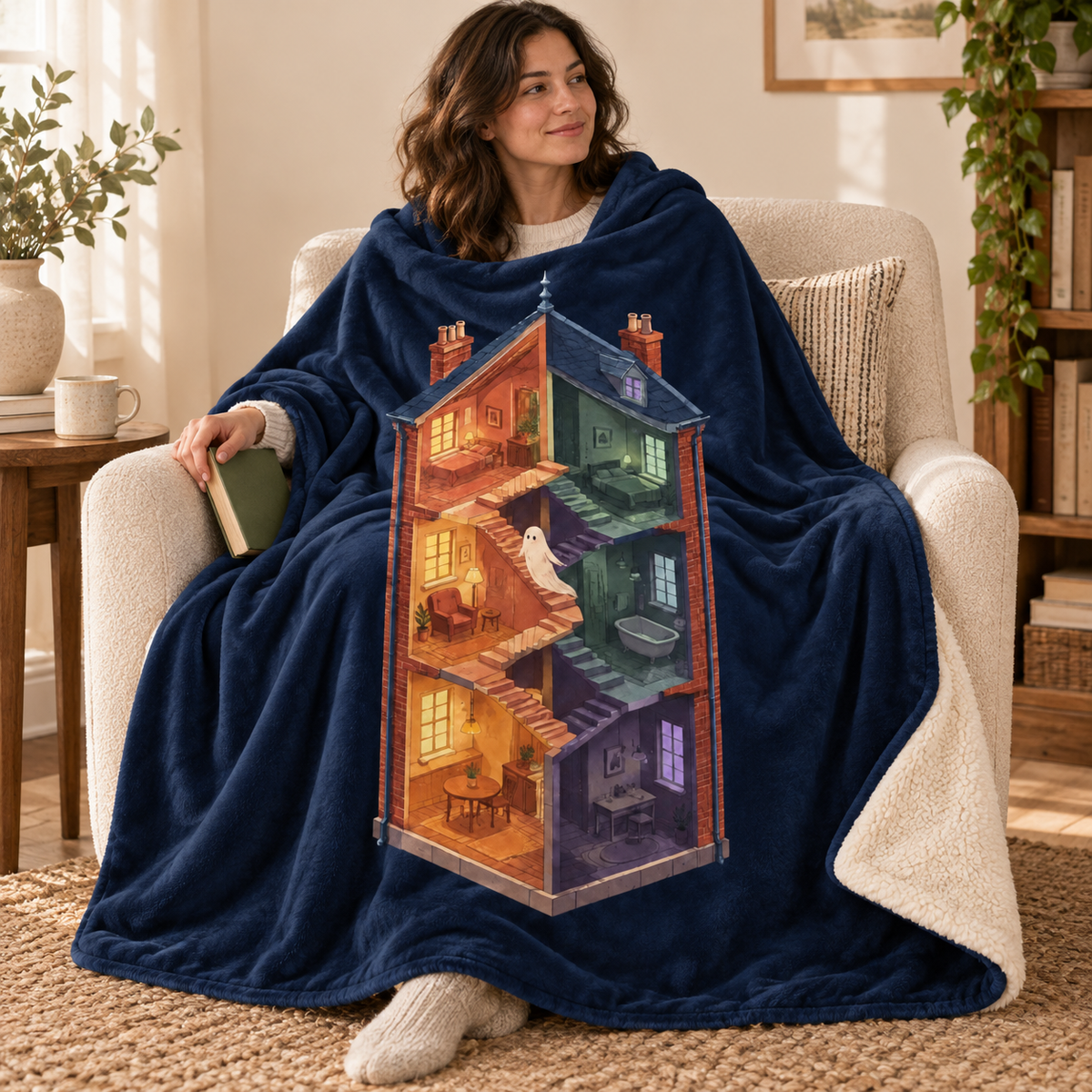 The House with Two Midnights blanket, wrapped around a reader