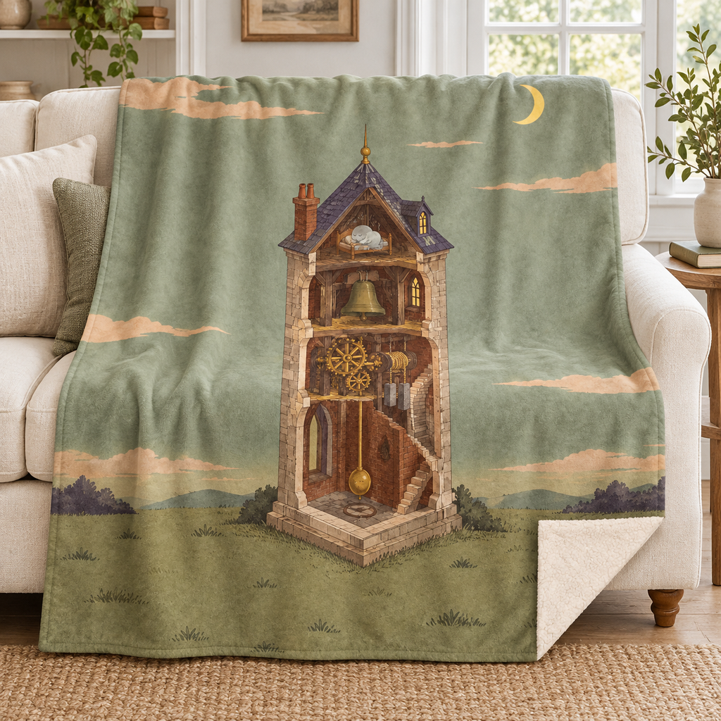 The Haunted Clock Tower blanket, on a sofa