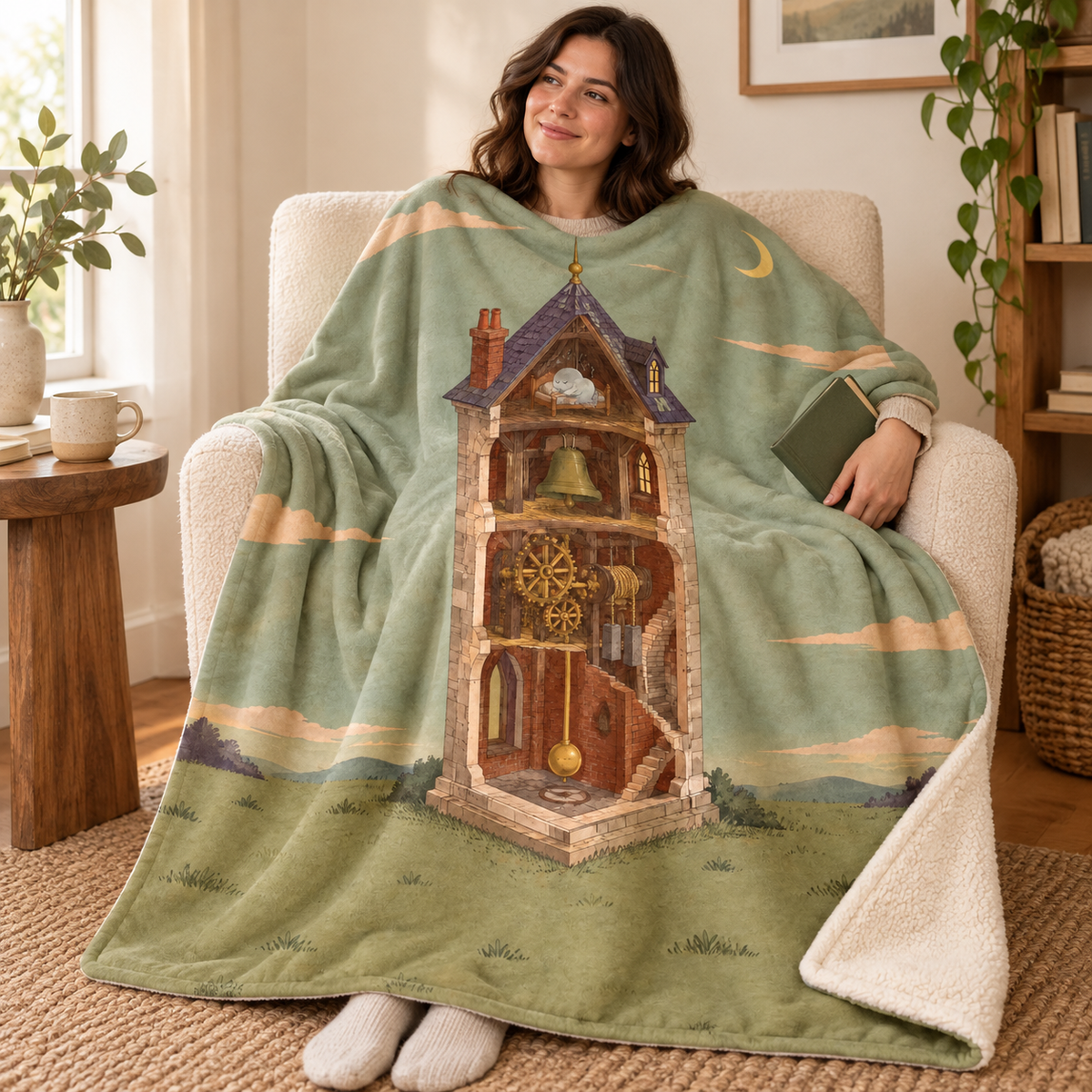 The Haunted Clock Tower blanket, wrapped around a reader