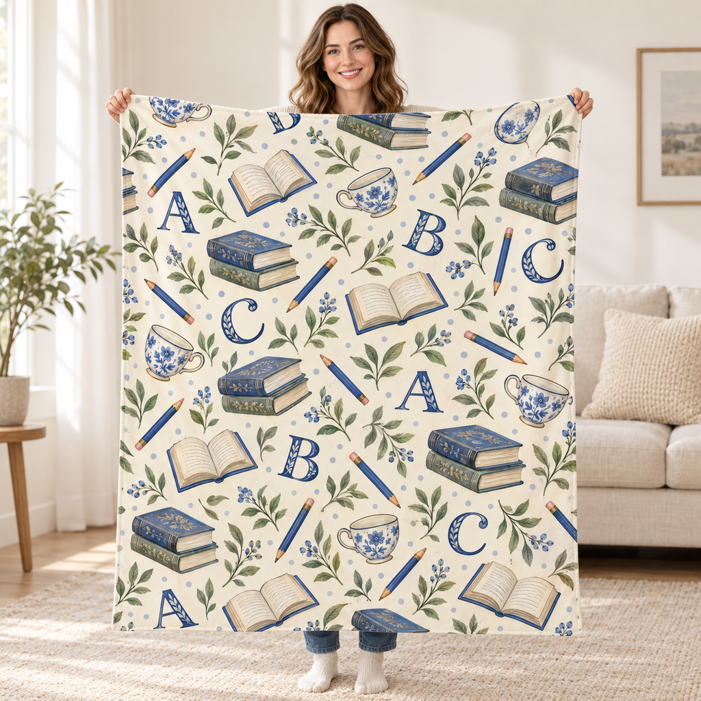 Blue Ink Alphabet blanket, held open