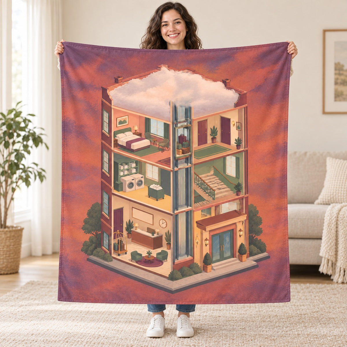 The Hotel of Missing Floors blanket, held open