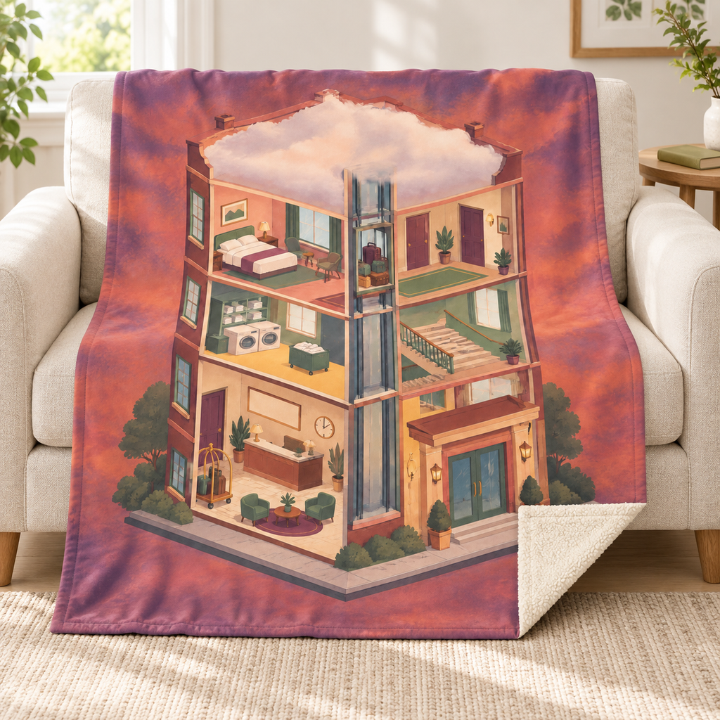 The Hotel of Missing Floors blanket, on a sofa