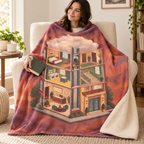 The Hotel of Missing Floors blanket, wrapped around a reader