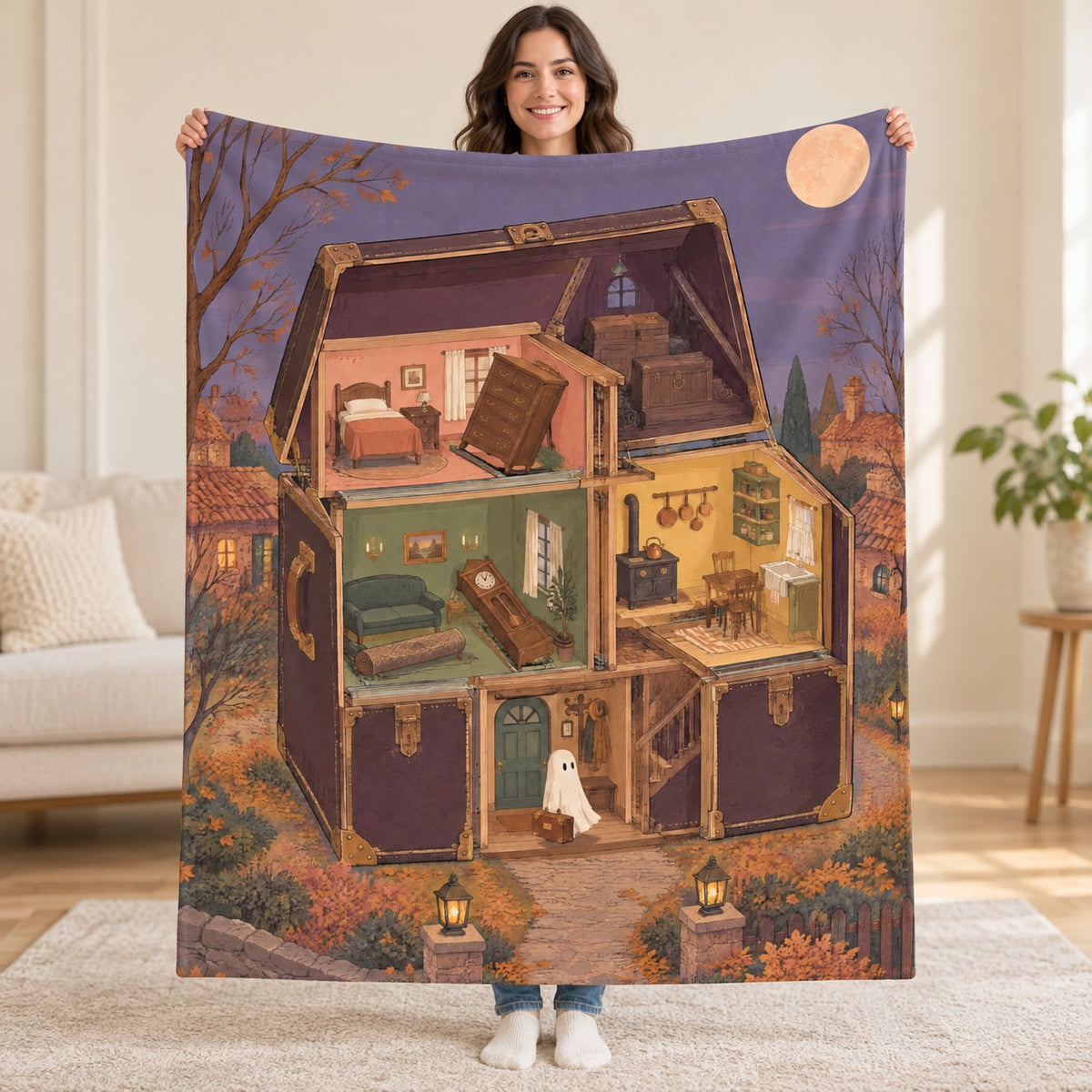 The House That Packs Itself blanket, held open