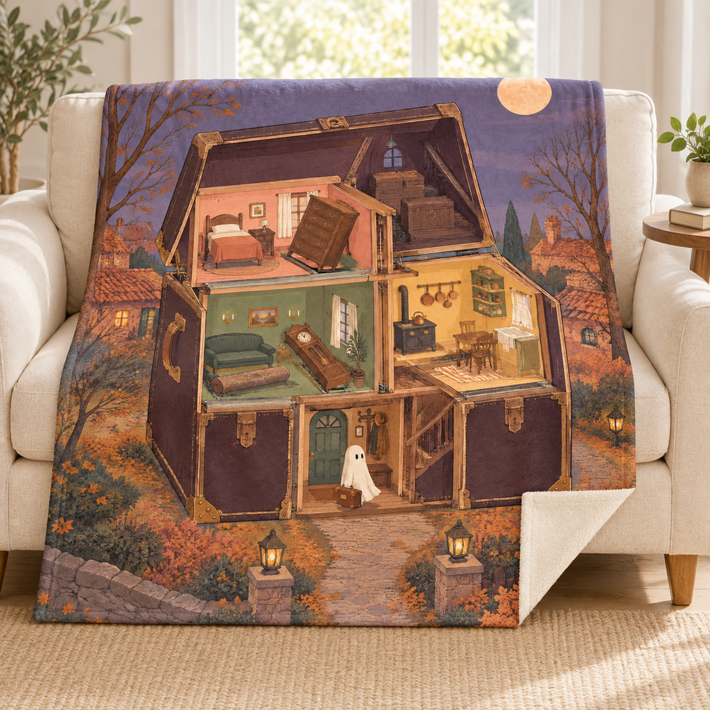 The House That Packs Itself blanket, on a sofa