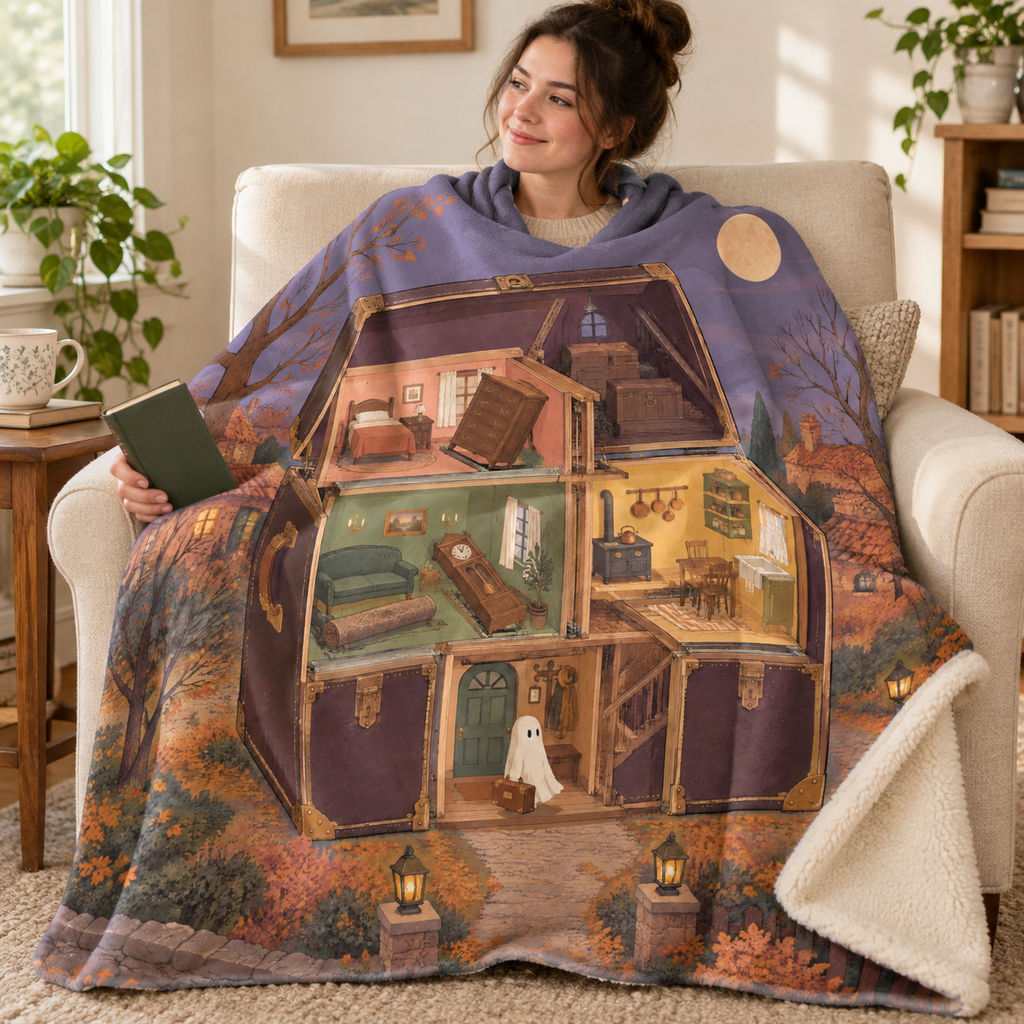 The House That Packs Itself blanket, wrapped around a reader