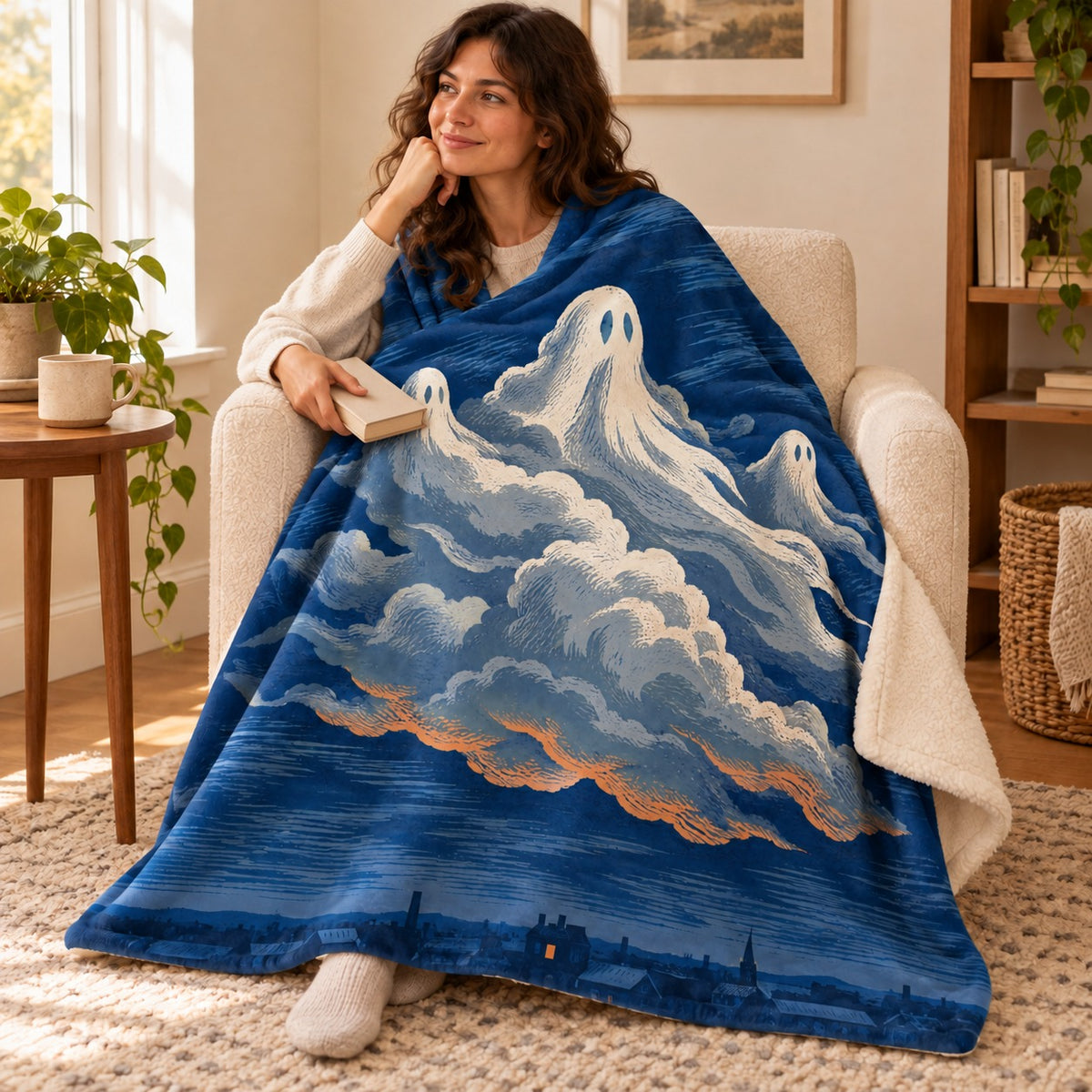 The Ghost Front blanket, wrapped around a reader