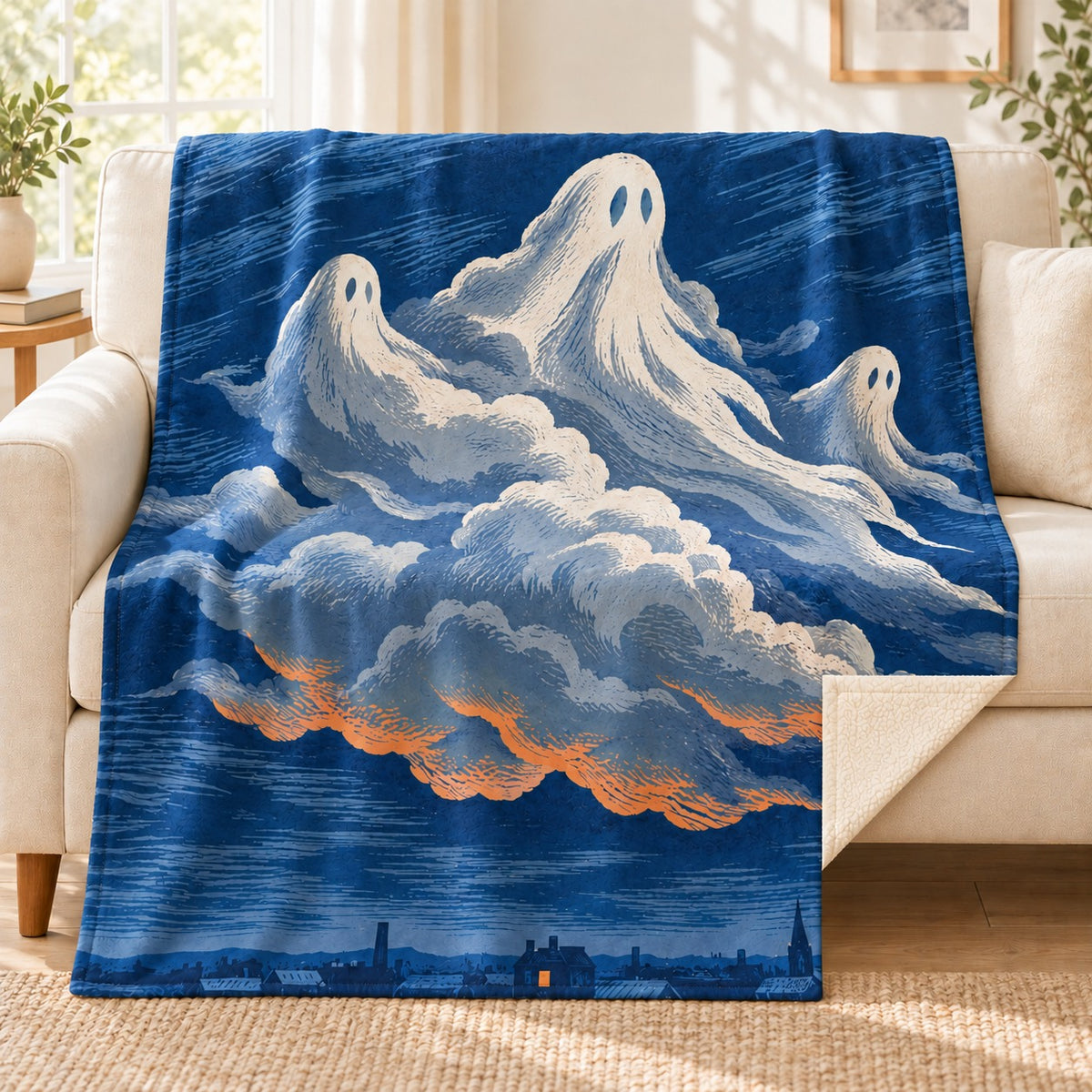 The Ghost Front blanket, on a sofa