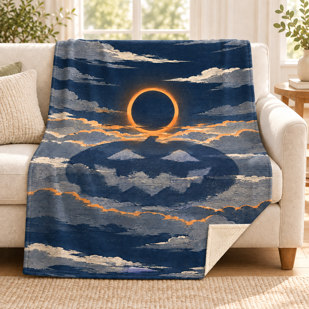 The Pumpkin Eclipse blanket, on a sofa