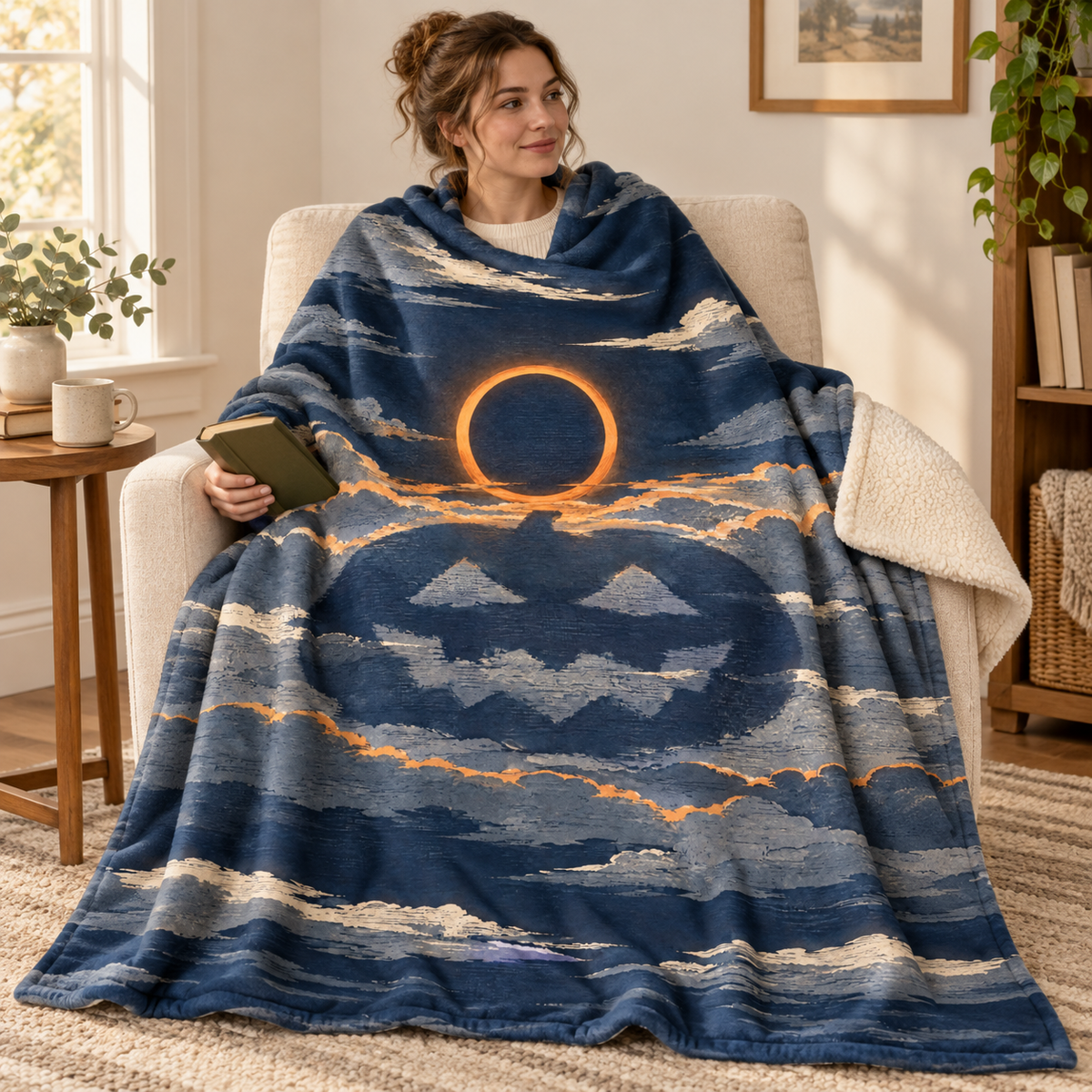 The Pumpkin Eclipse blanket, wrapped around a reader