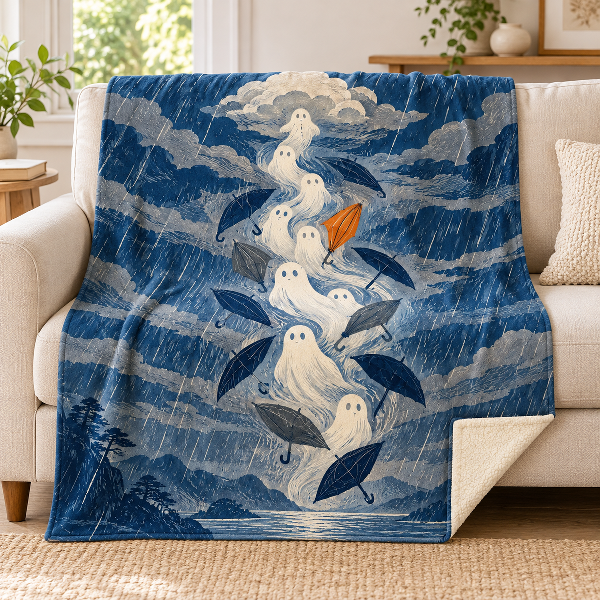 The Umbrella Storm blanket, on a sofa