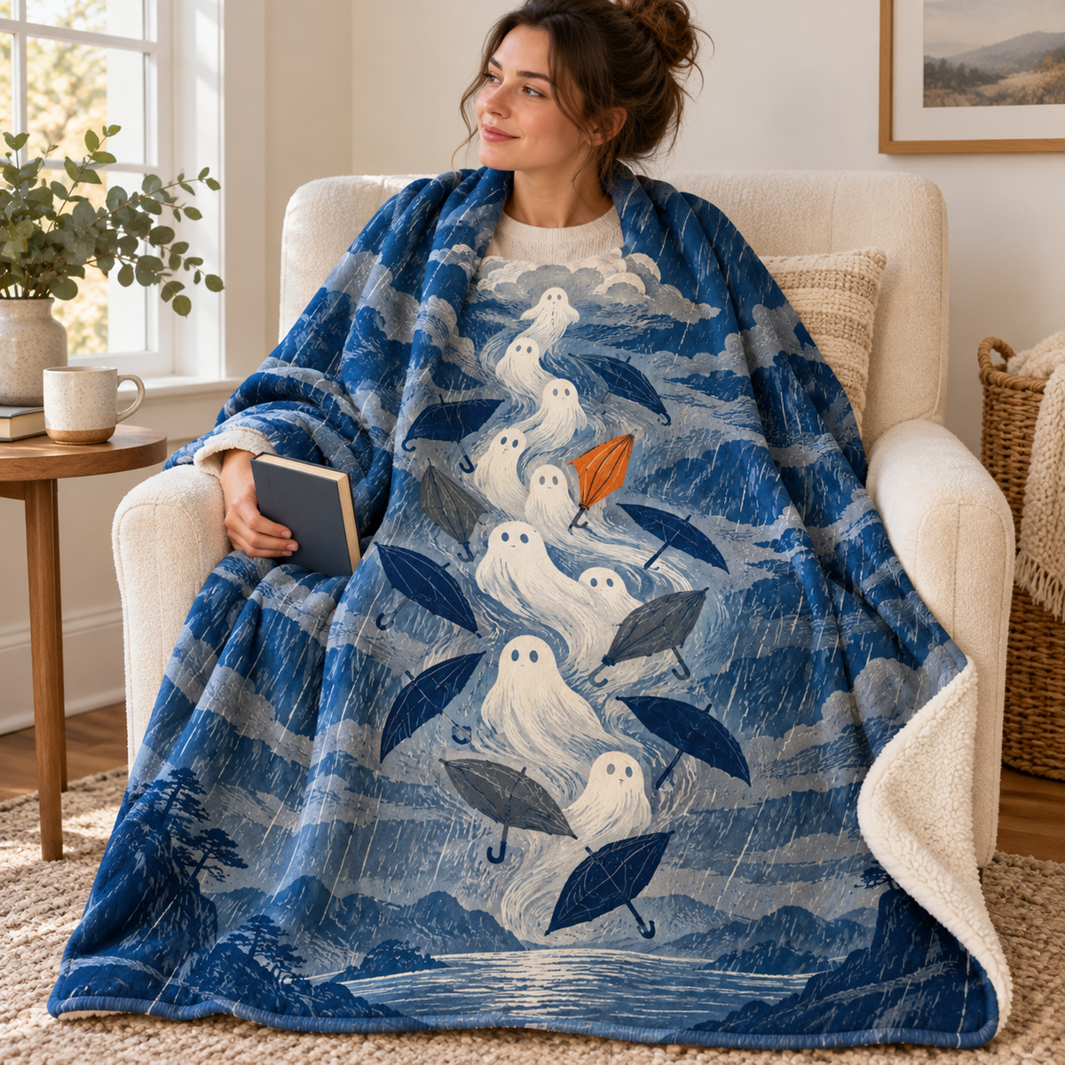 The Umbrella Storm blanket, wrapped around a reader