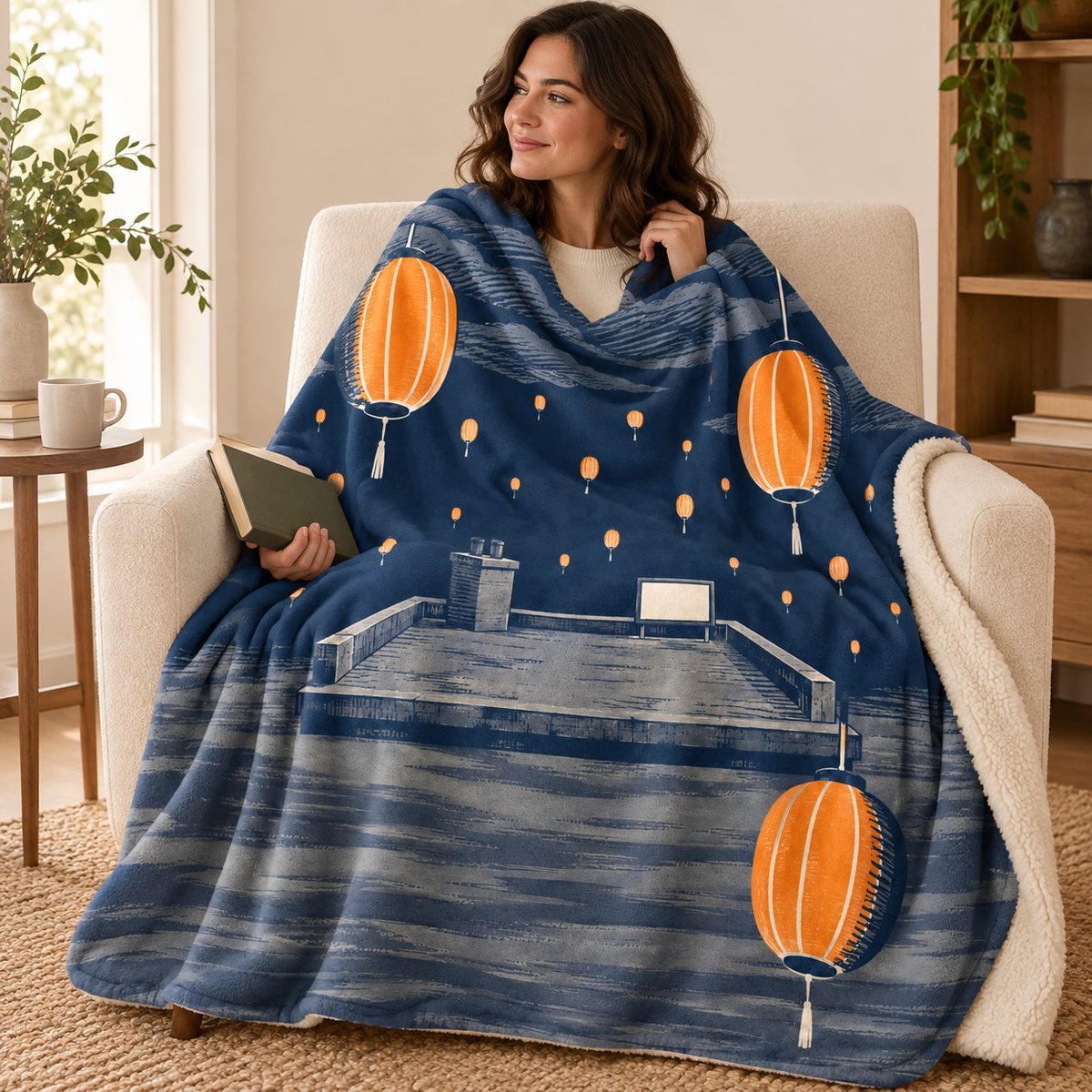 The Lantern Rain blanket, wrapped around a reader