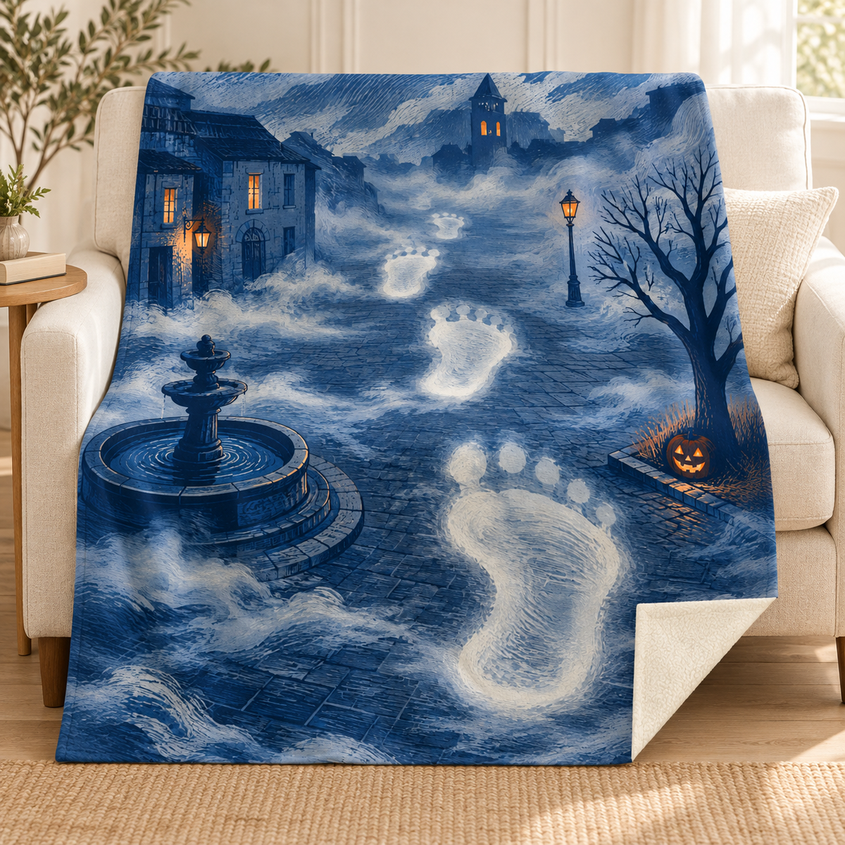 The Fog with Footsteps blanket, on a sofa