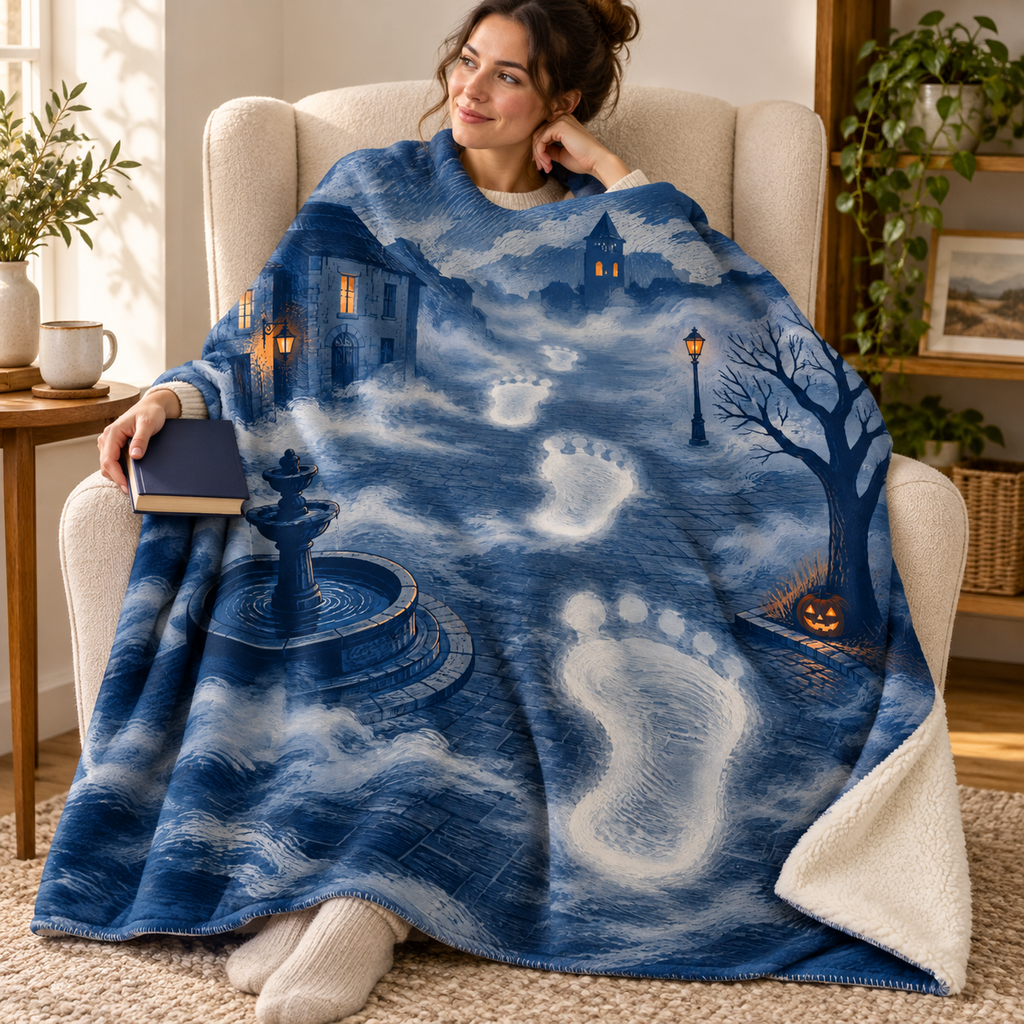 The Fog with Footsteps blanket, wrapped around a reader