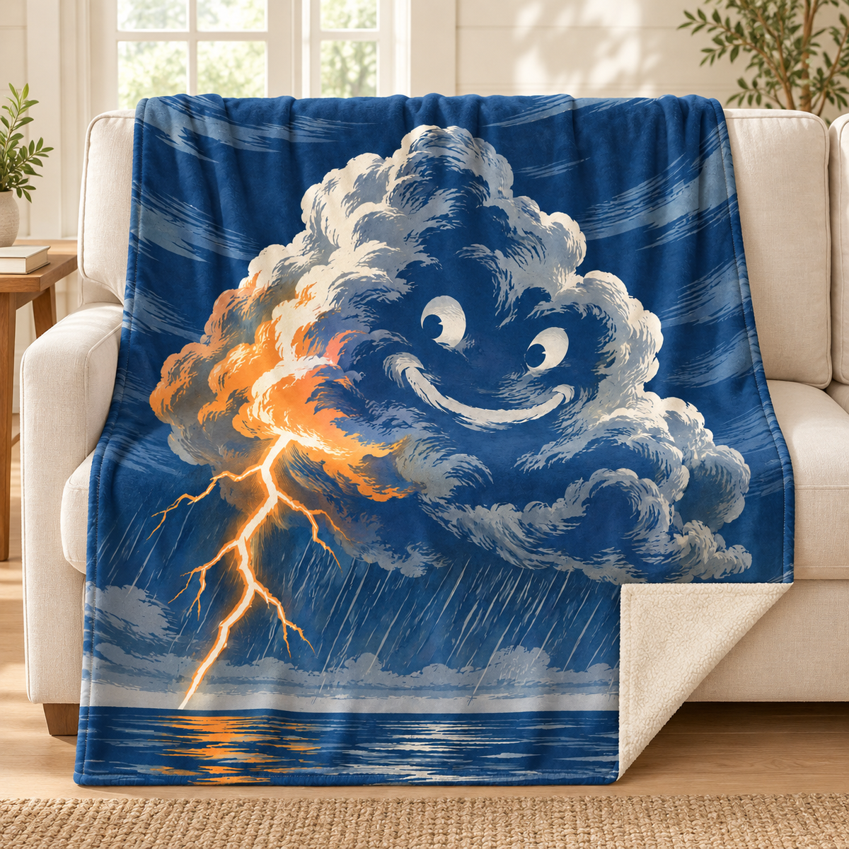 The Thunderhead Face blanket, on a sofa