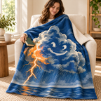 The Thunderhead Face blanket, wrapped around a reader