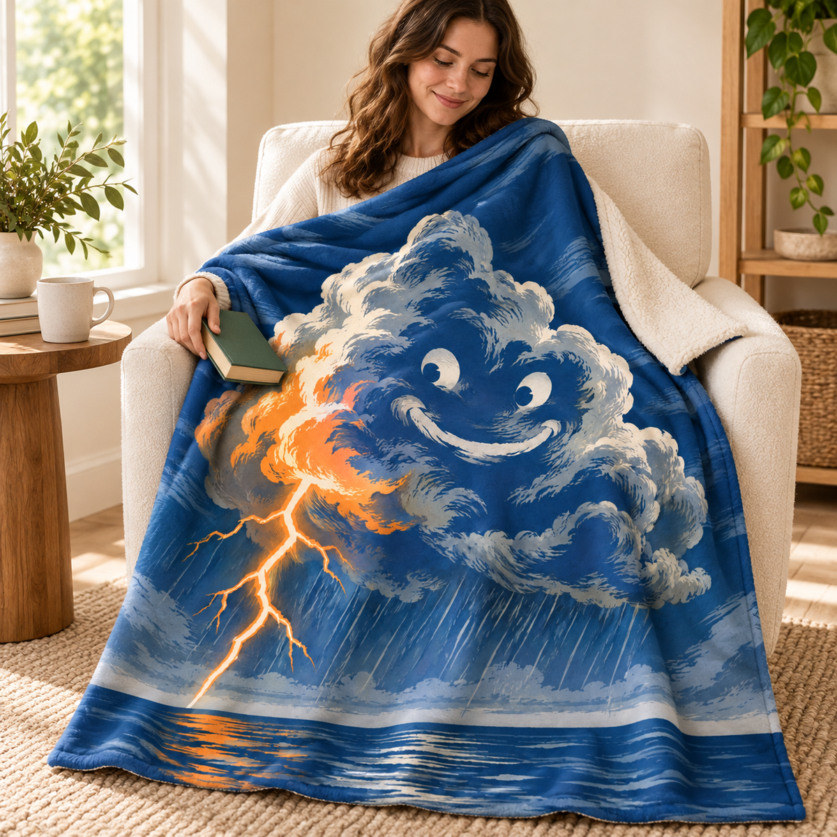 The Thunderhead Face blanket, wrapped around a reader