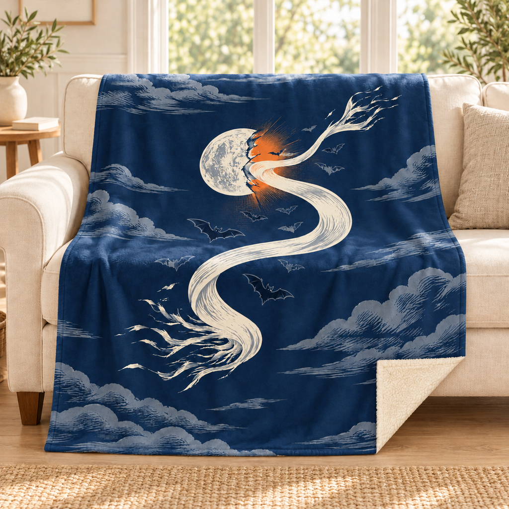 The Wind that Unrolls the Moon blanket, on a sofa