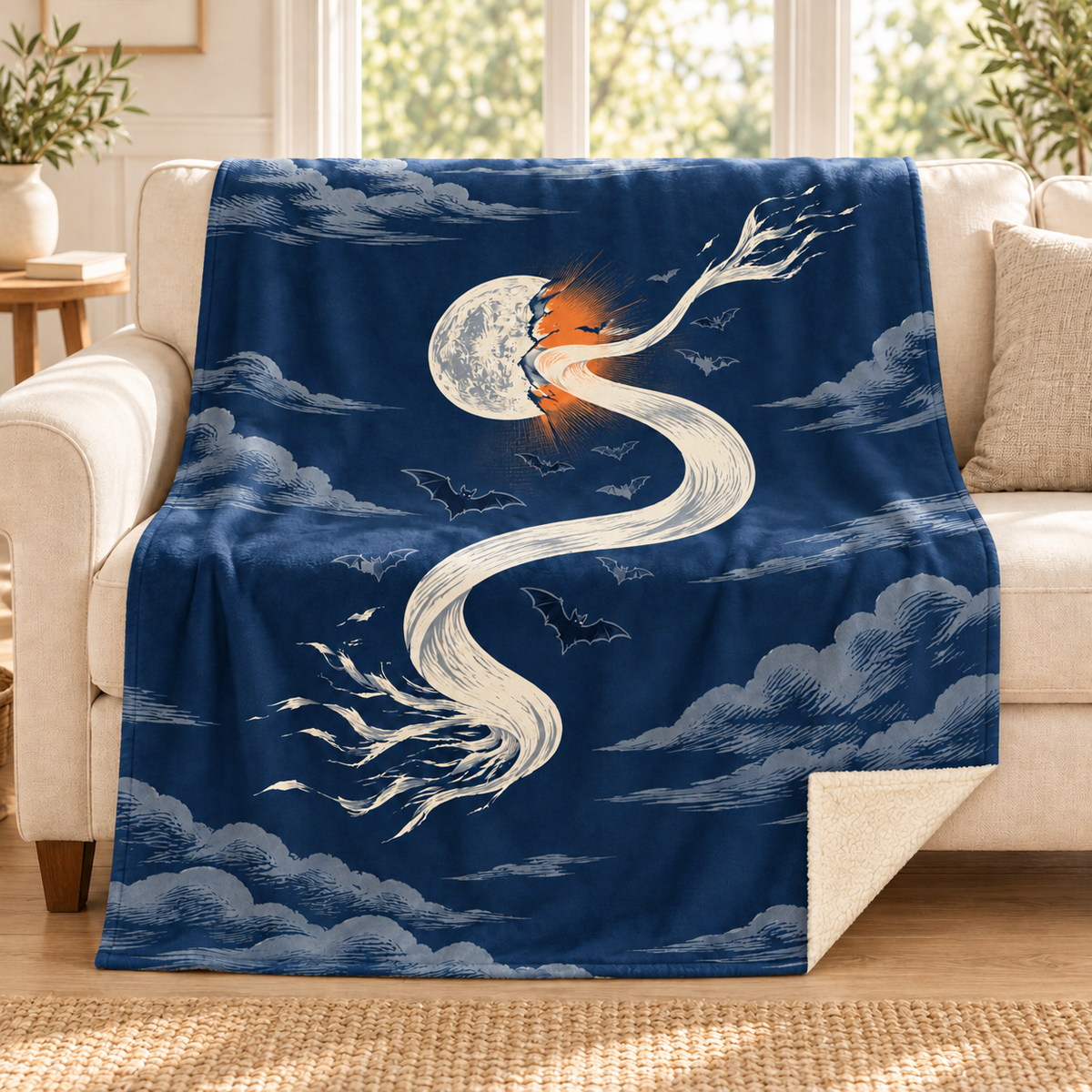 The Wind that Unrolls the Moon blanket, on a sofa