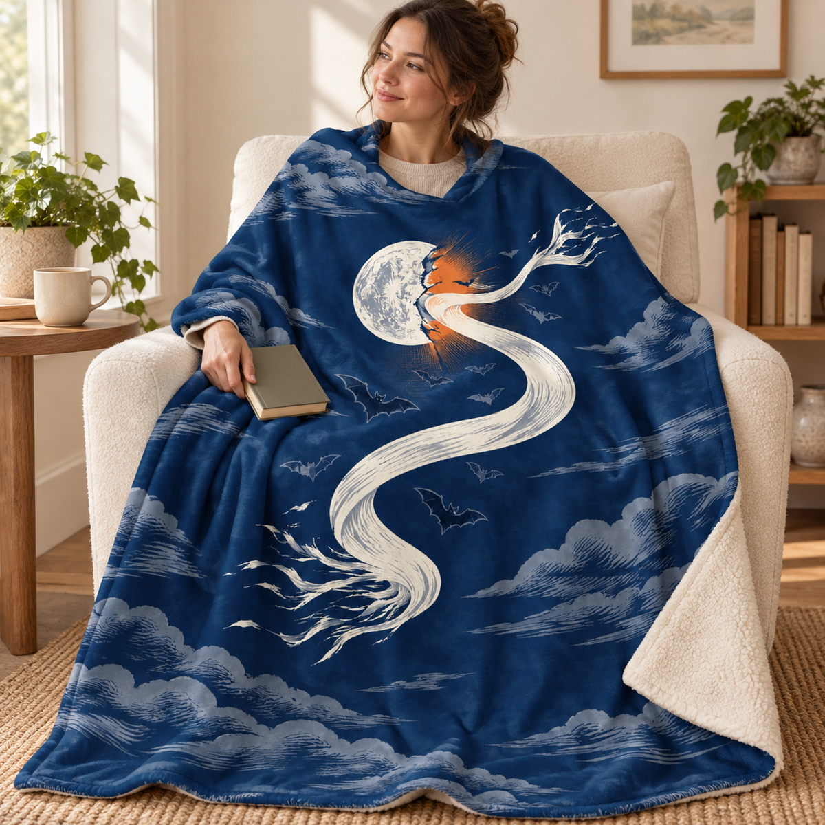 The Wind that Unrolls the Moon blanket, wrapped around a reader