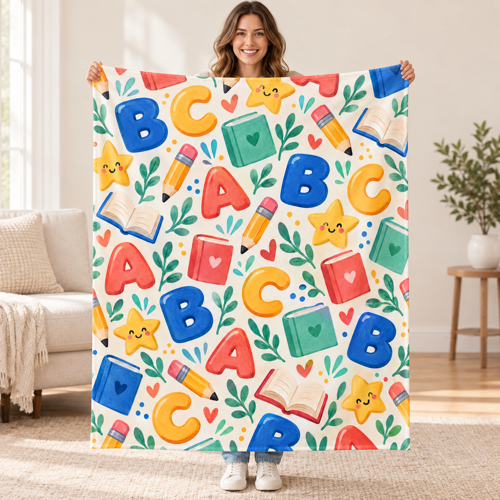 Happy Classroom ABC blanket, held open