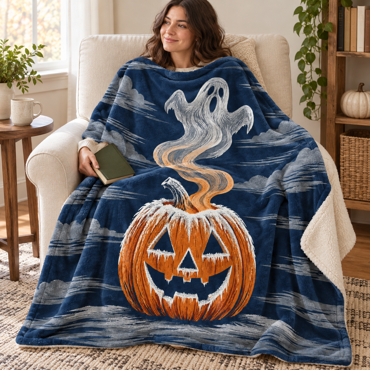 The Frosted Jack O Lantern blanket, wrapped around a reader
