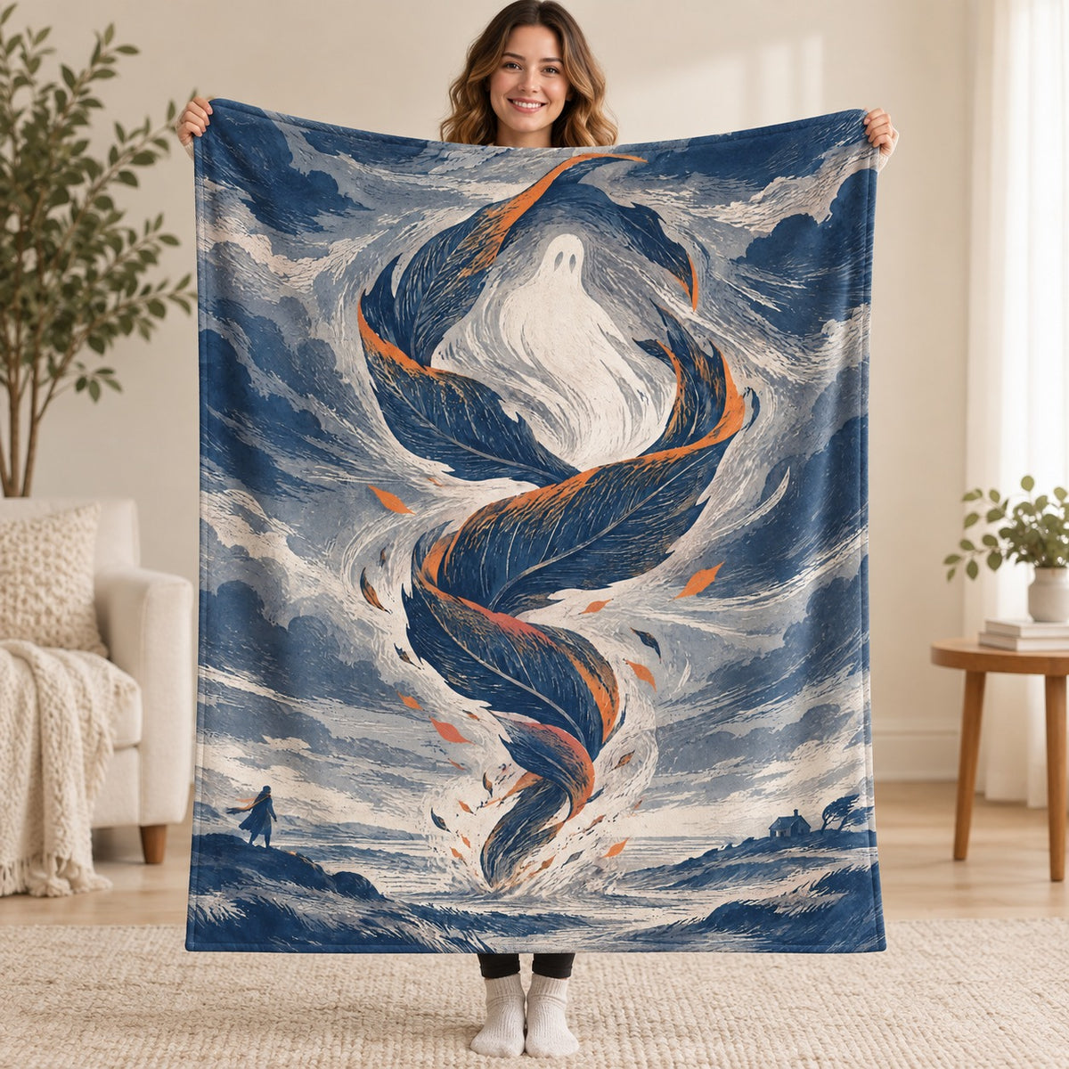 The Spiral of October Leaves blanket, held open