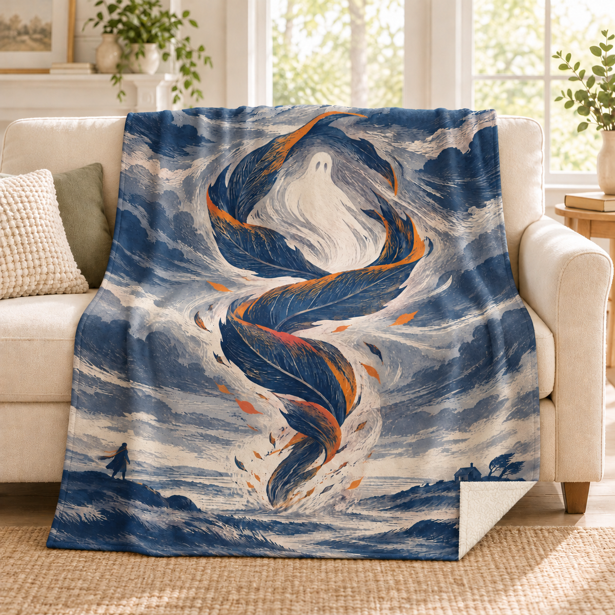 The Spiral of October Leaves blanket, on a sofa