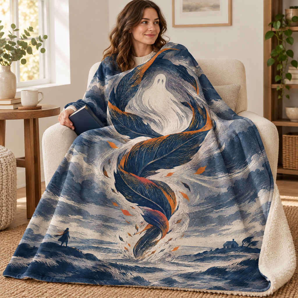 The Spiral of October Leaves blanket, wrapped around a reader