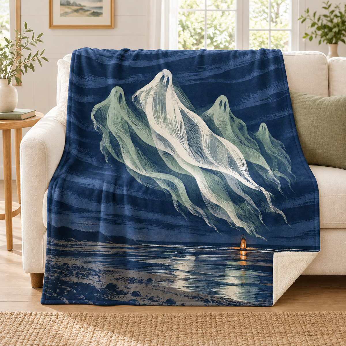 The Midnight Aurora blanket, on a sofa