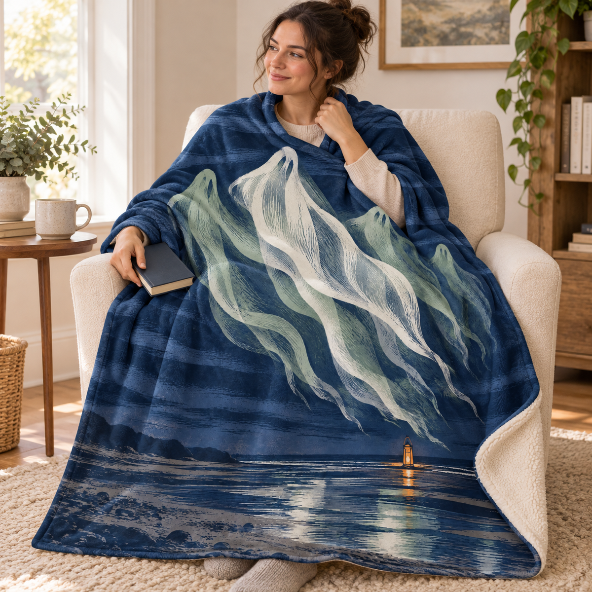 The Midnight Aurora blanket, wrapped around a reader