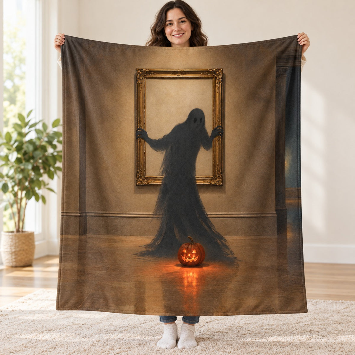 The Escaping Portrait blanket, held open