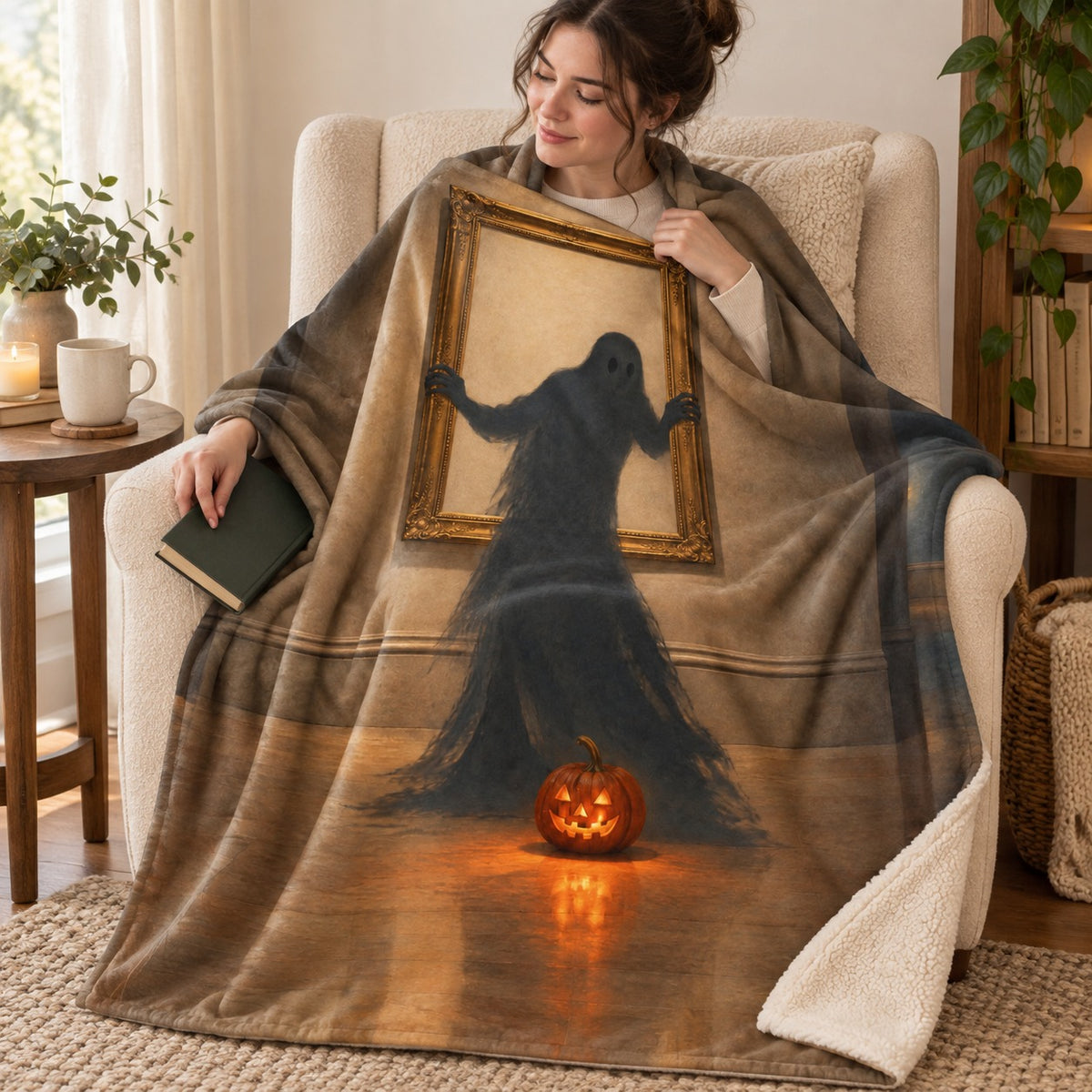 The Escaping Portrait blanket, wrapped around a reader