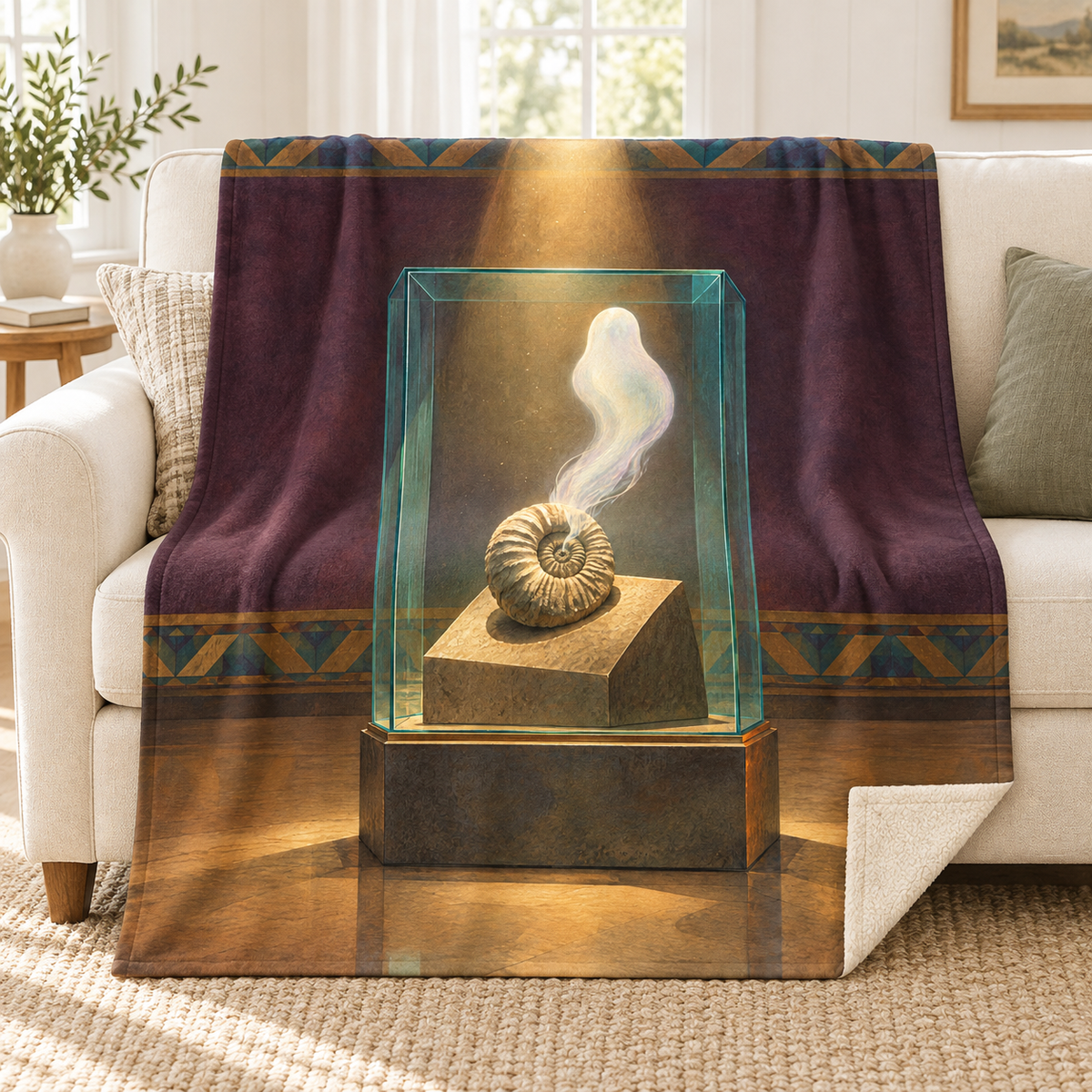 The Fossil That Breathes blanket, on a sofa