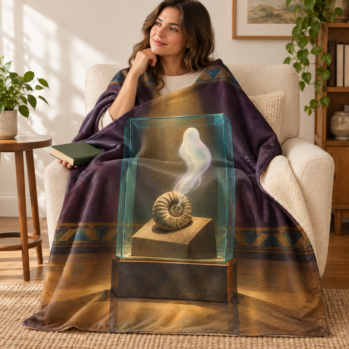 The Fossil That Breathes blanket, wrapped around a reader